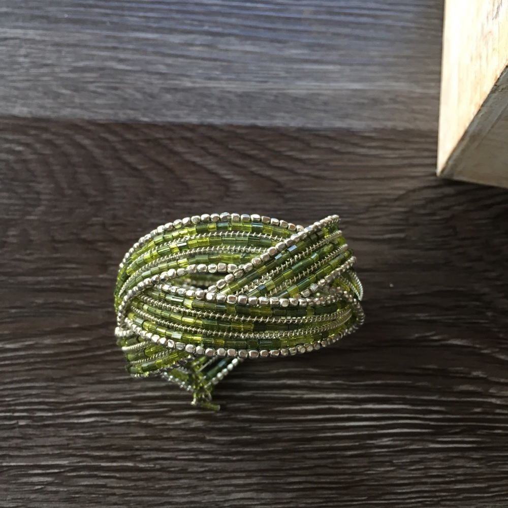 Green and Silver Beaded Cuff Bracelet